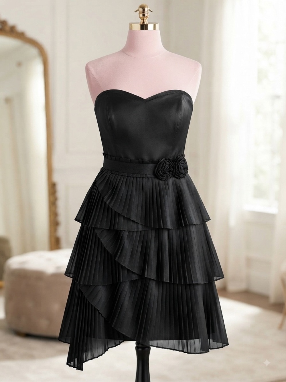 White House Black Market Black Strapless Pleated Tiered Cocktail Dress size 8